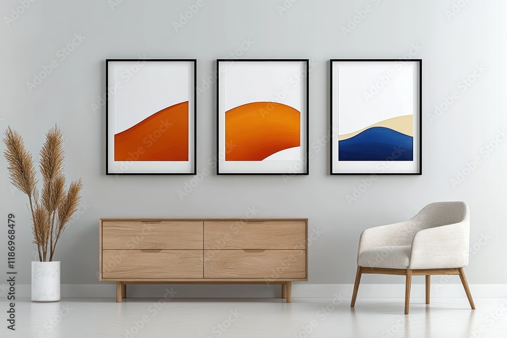 Fototapeta premium Modern Scandinavian Living Room with Armchair, Wooden Dresser, and Frames Against Grey Stucco Wall