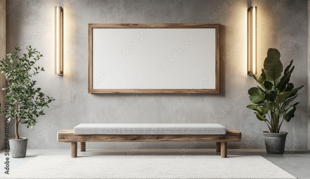 Modern Minimalist Interior: Wooden Bench, Blank Canvas, and Subtle Lighting Modern Minimalist Interior: Wooden Bench, Blank Canvas, and Subtle Lighting