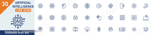 Artificial intelligence line icon set. Set of 30 outline icons related to AI, virtual assistant, generative AI, robotic, data science and others. Editable stroke. Vector illustration. photo