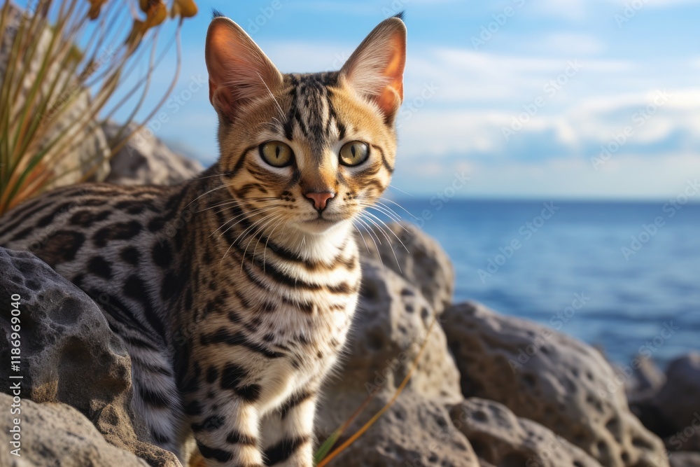 Obraz premium Portrait of a funny savannah cat in front of rocky shoreline background
