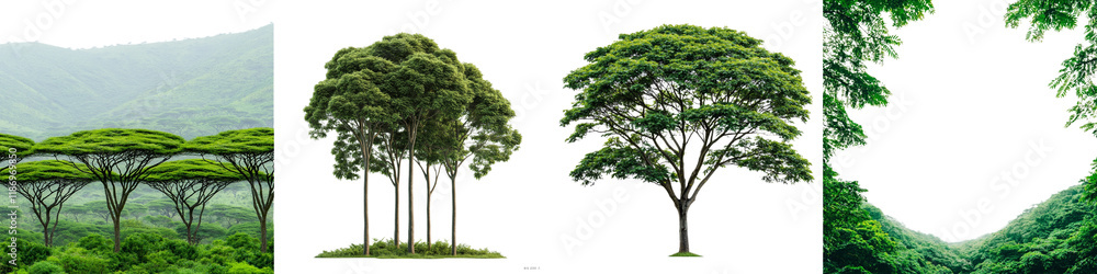 Lush Green Trees in Misty Landscape, Vibrant Foliage Against Mountain Backdrop Lush Green Trees in Misty Landscape, Vibrant Foliage Against Mountain Backdrop