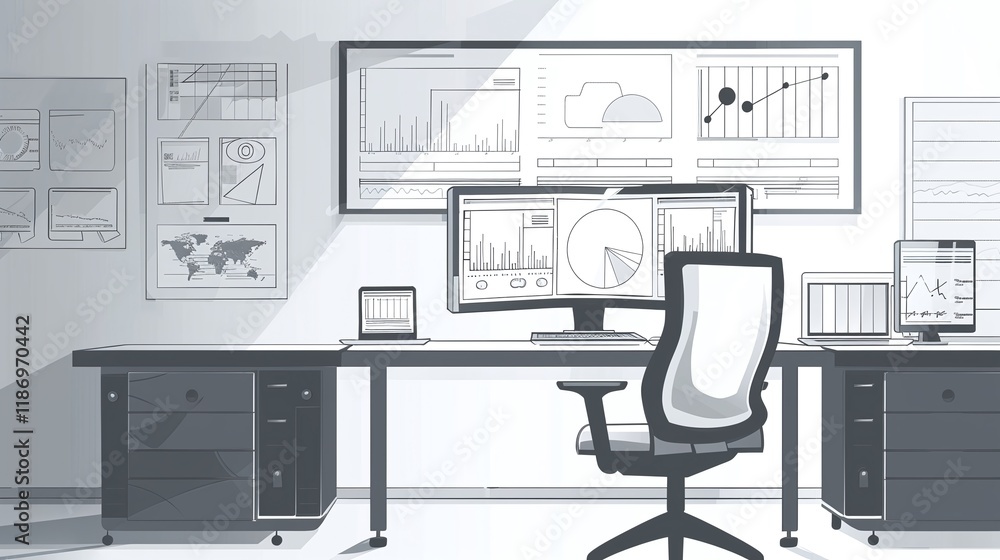 Fototapeta premium A modern minimalist workspace featuring multiple computer monitors displaying various analytical graphs charts and infographics