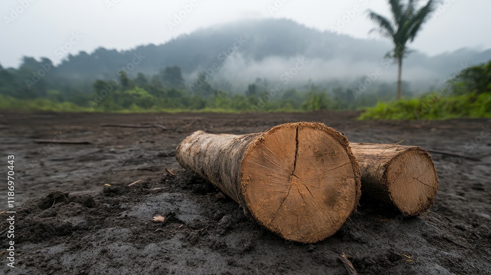 Two Logs Rest on Dark Earth, Tropical Rainforest in Background Two Logs Rest on Dark Earth, Tropical Rainforest in Background