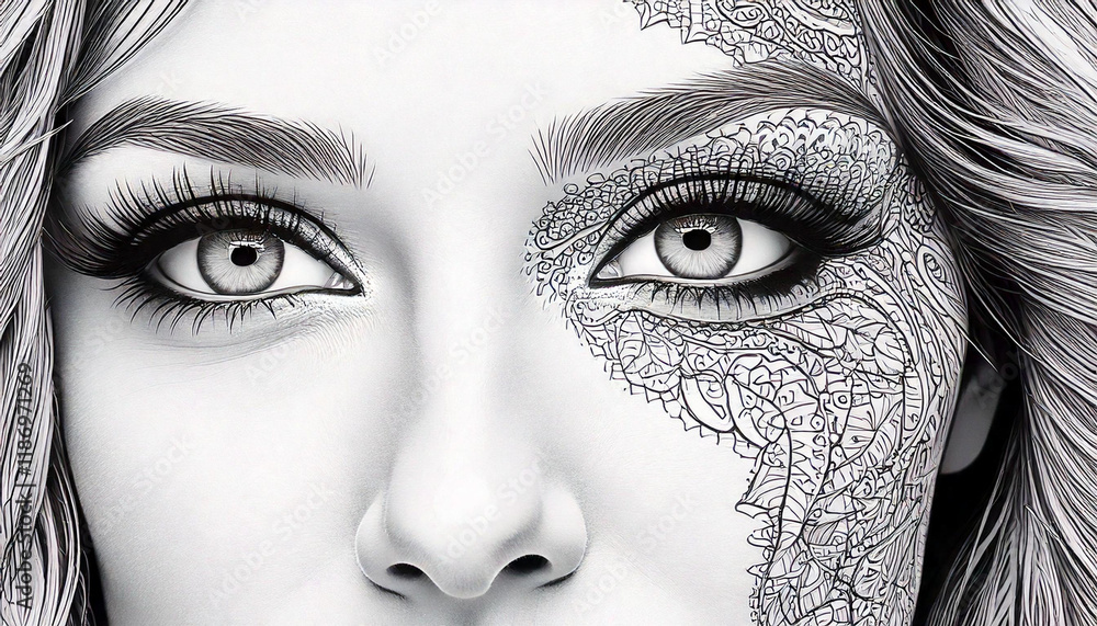 Fototapeta premium Glamorous Makeup; A close-up of a woman's face with detailed makeup, including eyeshadow, lipstick, and mascara, allowing adults to explore their creativity with this coloring book page 