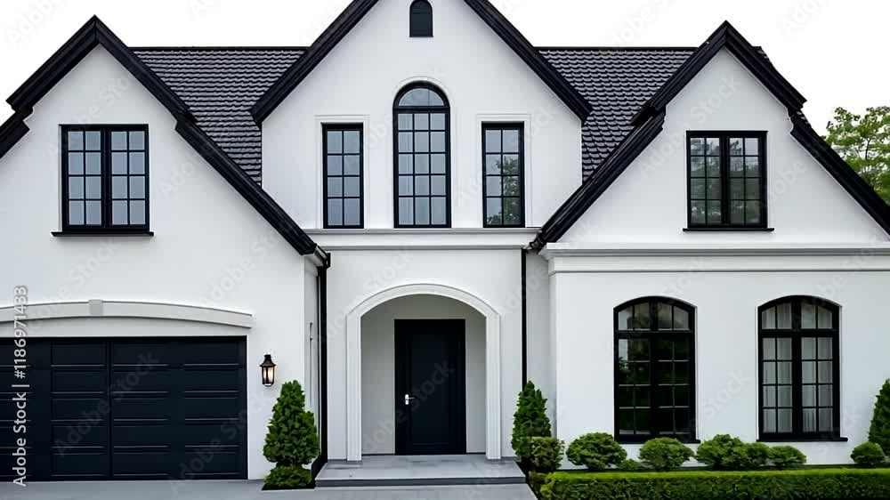 Elegant modern suburban house with black trim and lush greenery, ideal for real estate concepts Elegant modern suburban house with black trim and lush greenery, ideal for real estate concepts