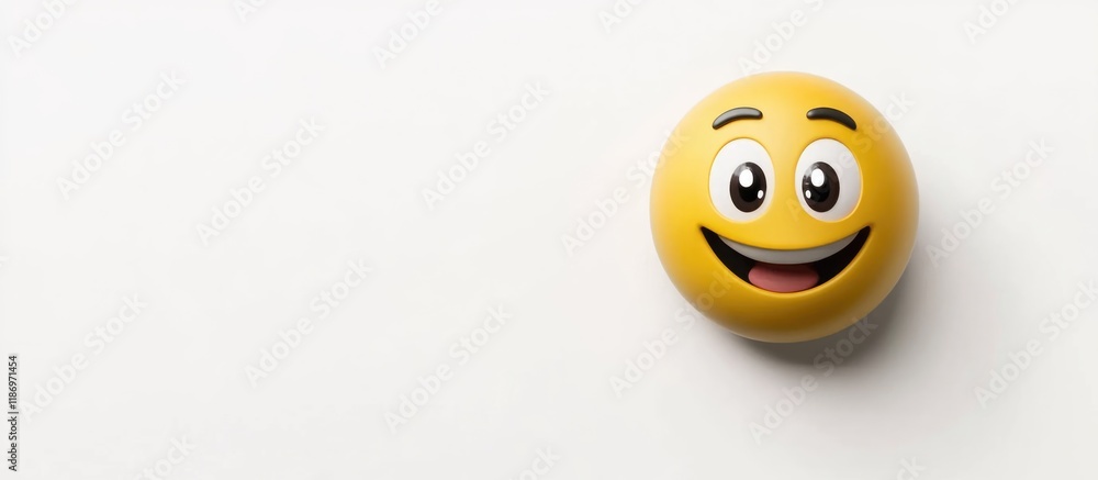 Smiling yellow emoji on a plain white background with ample empty space for text and a cheerful expression, suitable for design use.