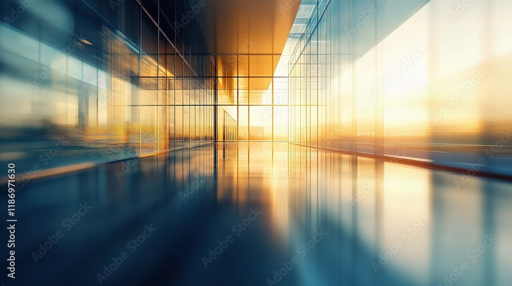 Modern Blurred Office Interior with Large Panoramic Windows