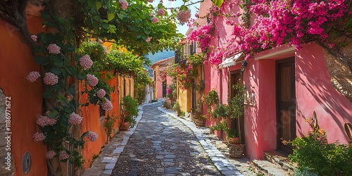 Fototapeta Naklejka Na Ścianę i Meble -  a street with tables and chairs in front of colorful buildings