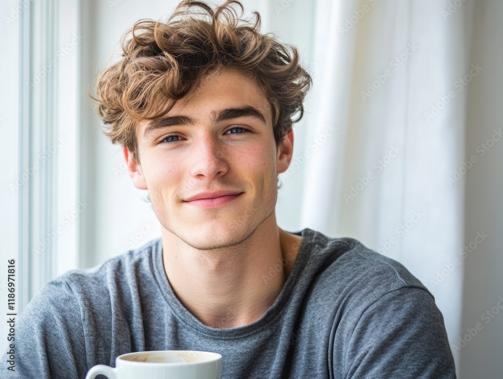 Cheerful young man with curly hair holding a white cup of coffee, sitting by a bright window with sheer curtains and empty space for text. Cheerful young man with curly hair holding a white cup of coffee, sitting by a bright window with sheer curtains and empty space for text.