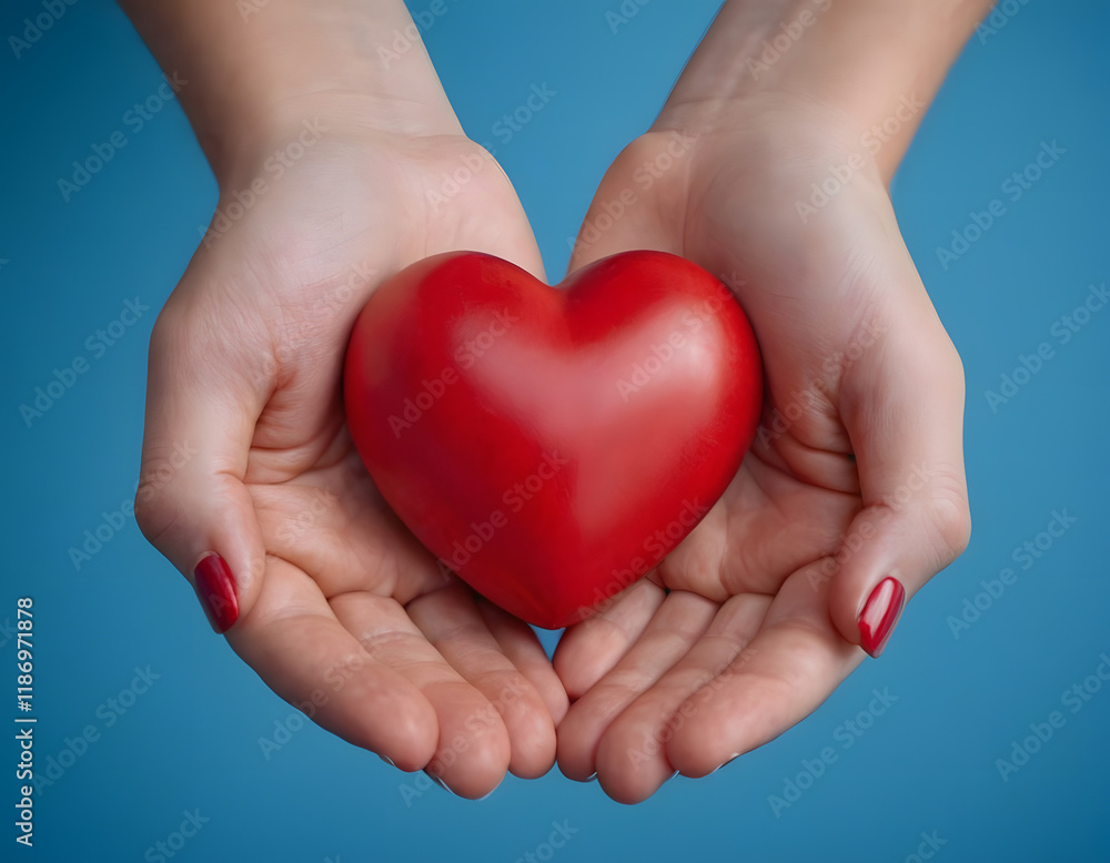 girl hands holding a red heart with a blue background, medical concept, love concept girl hands holding a red heart with a blue background, medical concept, love concept
