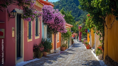 Fototapeta Naklejka Na Ścianę i Meble -  a street with tables and chairs in front of colorful buildings