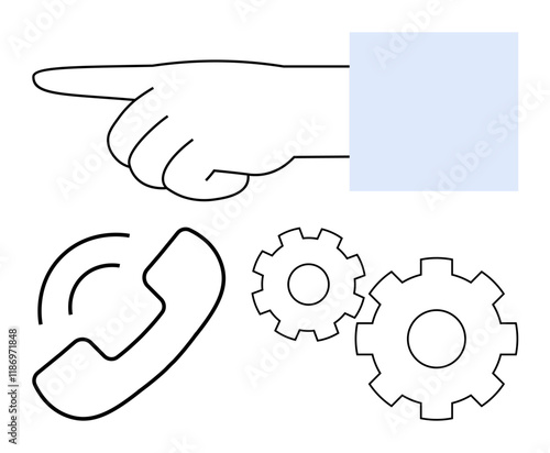 Hand pointing left, phone receiver icon, and two gears. Ideal for customer service, technical support, communication, call centers, troubleshooting technology services guidance. Line metaphor