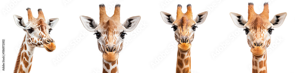 Fototapeta premium Four Distinct Giraffe Headshots Showcasing Unique Expressions and Patterns