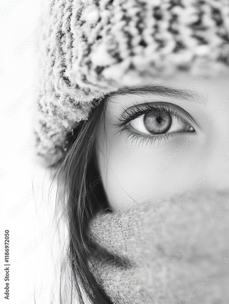 Winter portrait of a girl with a knitted hat and scarf in cold tones, featuring large empty space for text in monochrome. Winter portrait of a girl with a knitted hat and scarf in cold tones, featuring large empty space for text in monochrome.