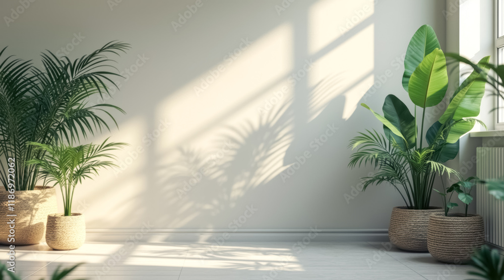 Fototapeta premium sunlit room with potted plants woven baskets