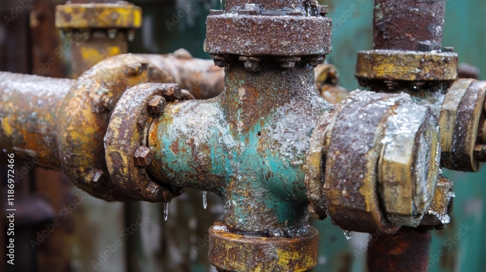 Close up of corroded and frozen pipes leaking water droplets in a winter industrial setting, highlighting the effects of harsh weather conditions on manufacturing infrastructure Close up of corroded and frozen pipes leaking water droplets in a winter industrial setting, highlighting the effects of harsh weather conditions on manufacturing infrastructure