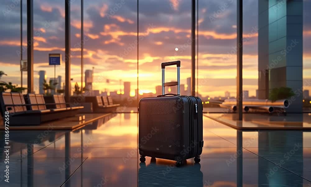 Airport sunset, luggage awaits departure, city view Airport sunset, luggage awaits departure, city view