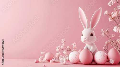 A pink background with small pastel background with easter eggs and small bunnies, creating an atmosphere of joy for Easter