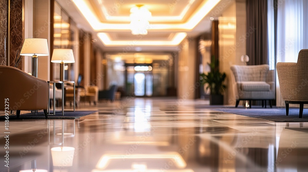 Elegant Hotel Lobby with Blurred Background and Stylish Furnishings Elegant Hotel Lobby with Blurred Background and Stylish Furnishings