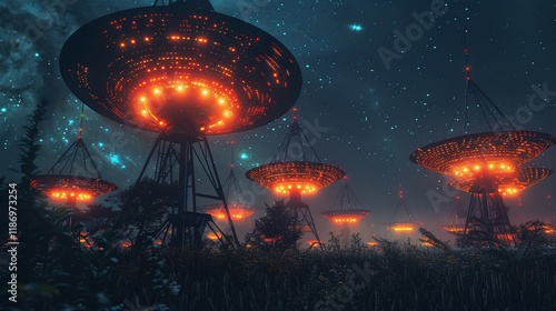 Glowing mysterious UFOs or spaceships hovering over a distant alien planet in a dark starry night sky  Futuristic science fiction landscape with a fantasy surreal atmosphere
