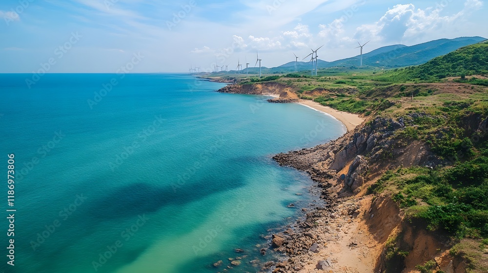 Coastal Wind Farm Meets Azure Ocean and Green Hills Coastal Wind Farm Meets Azure Ocean and Green Hills
