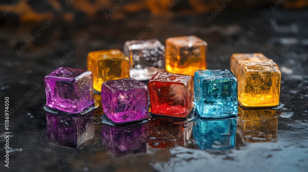 Multicolored ice cubes arranged on a black countertop Multicolored ice cubes arranged on a black countertop