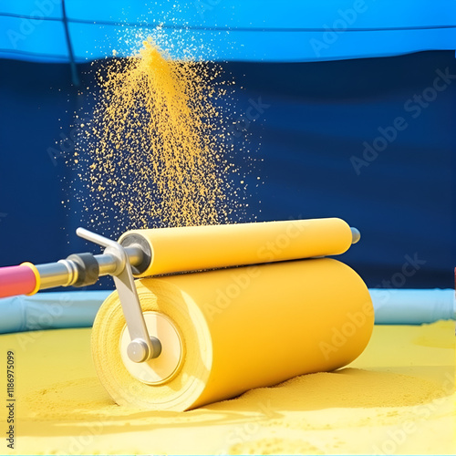 Rolling yellow sand with a steel roller for a garden pool, visible blue tarpaulin. photo