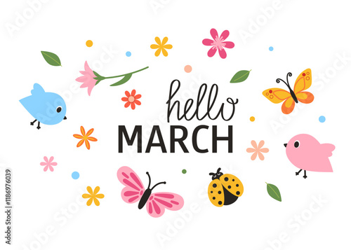 Hello March lettering phrase. Spring slogan with cute design elements. Vector illustration for card, scrapbooking, sale, background. 