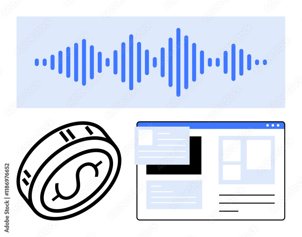 Digital coin with dollar sign, website layout with cards, and blue sound wave. Ideal for finance, digital currency, web development, user interface, audio fintech multimedia. Line metaphor Digital coin with dollar sign, website layout with cards, and blue sound wave. Ideal for finance, digital currency, web development, user interface, audio fintech multimedia. Line metaphor