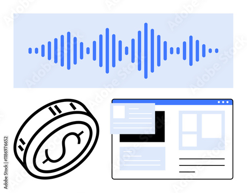 Digital coin with dollar sign, website layout with cards, and blue sound wave. Ideal for finance, digital currency, web development, user interface, audio fintech multimedia. Line metaphor