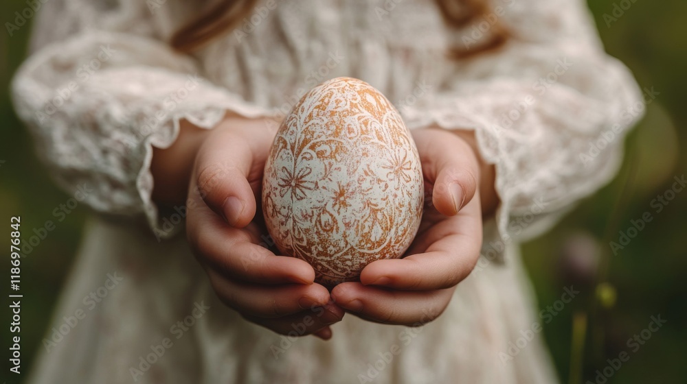 Child Gently Holds Decorated Easter Egg Child Gently Holds Decorated Easter Egg
