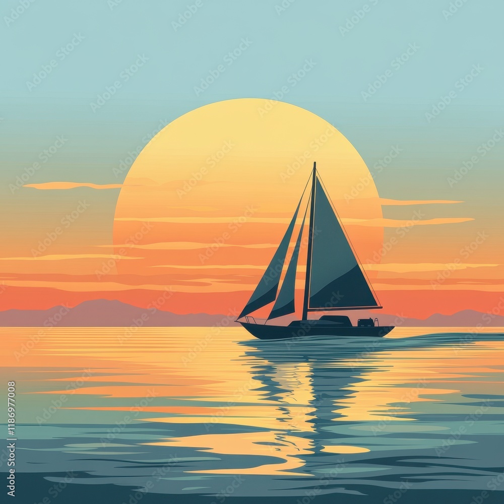 Fototapeta premium Sailboat at Sunset on Calm Ocean Waters
