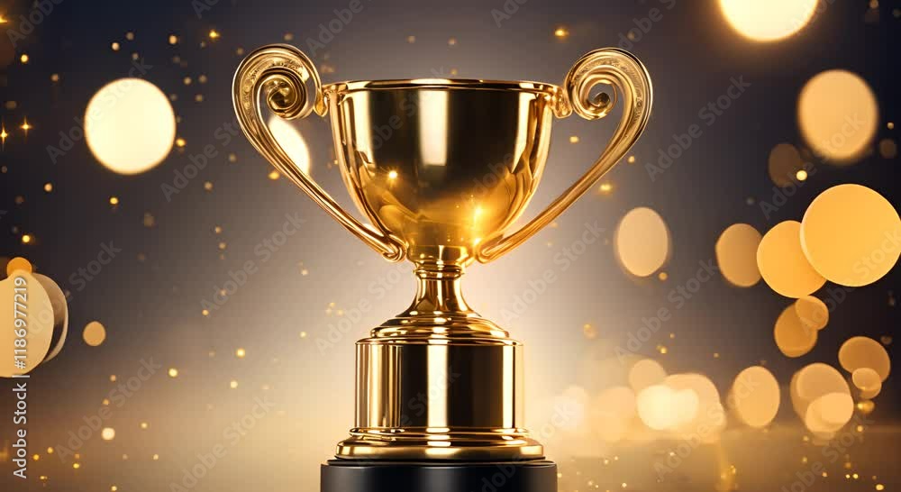 The golden trophy glimmers brightly amid a swirl of soft bokeh lights symbolizing victory and excellence in a festive atmosphere 4K The golden trophy glimmers brightly amid a swirl of soft bokeh lights symbolizing victory and excellence in a festive atmosphere 4K