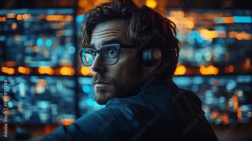 a man wearing headphones, sitting in front of multiple computer monitors in a dimly lit room a man wearing headphones, sitting in front of multiple computer monitors in a dimly lit room