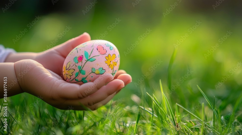 Baby Hands Hold Painted Easter Egg In Grass Baby Hands Hold Painted Easter Egg In Grass