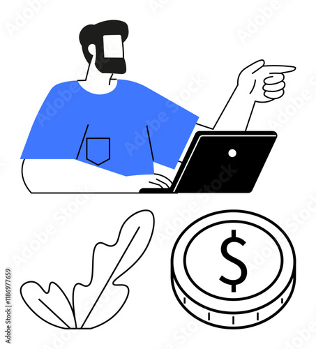 Man using laptop while gesturing forward, accompanied by abstract coin and leaf elements. Ideal for finance, sustainability, technology, investment, eco-consciousness, remote work, abstract line flat