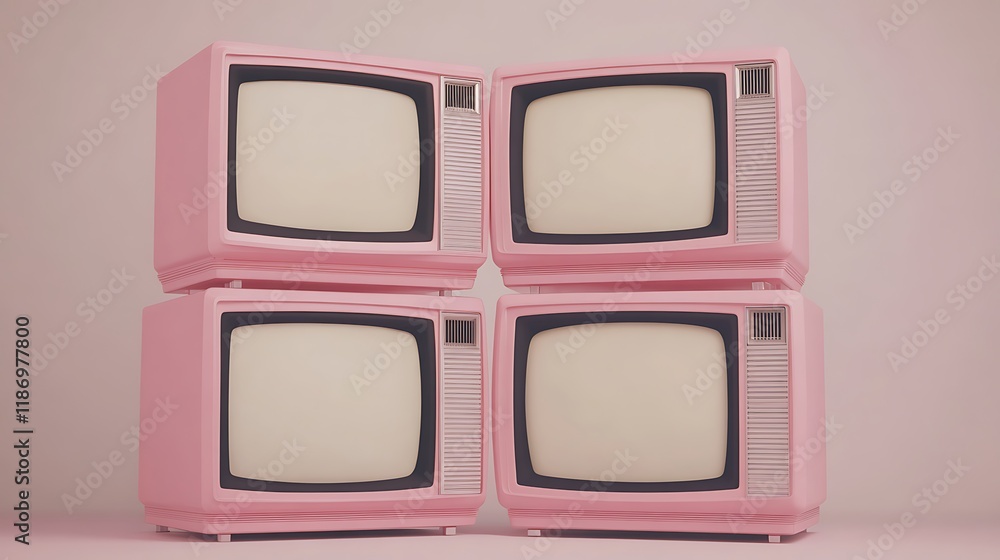 Fototapeta premium Stack of pink 90s televisions mock up four units white screens white background 8k real photo