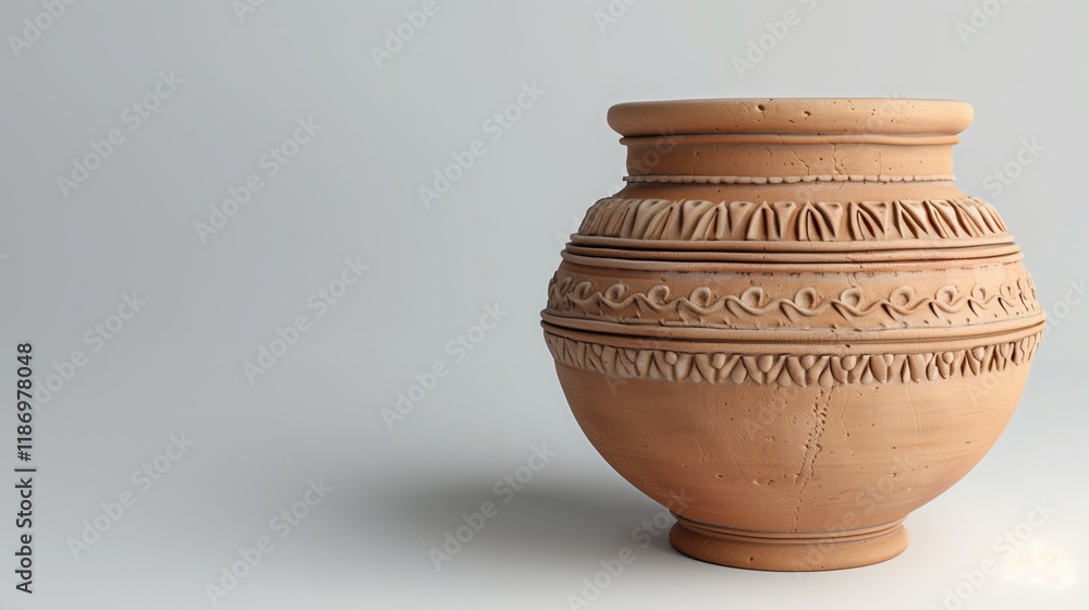 A realistic image of a handmade clay pot with detailed carving, placed elegantly on a clean white surface. A realistic image of a handmade clay pot with detailed carving, placed elegantly on a clean white surface.