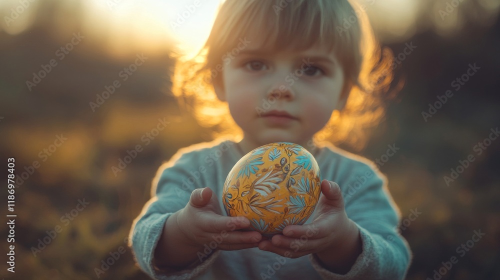 Naklejka premium Child Holding Decorated Easter Egg At Sunset
