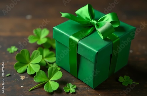 Green gift box for St. Patrick's Day. with clover leaves on a wooden background. photo