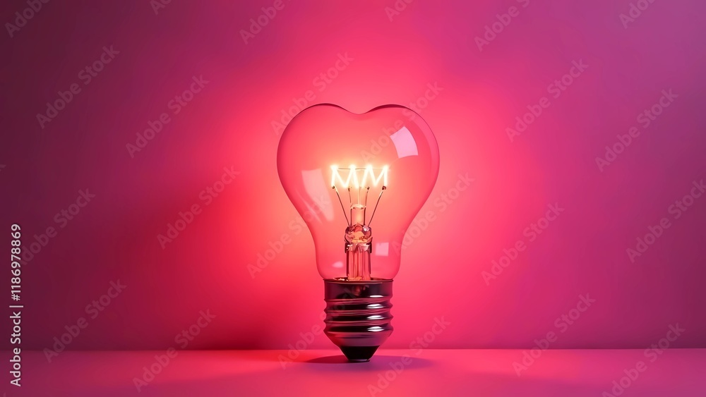 Heart-shaped glowing light bulb on a delicate pink background Heart-shaped glowing light bulb on a delicate pink background