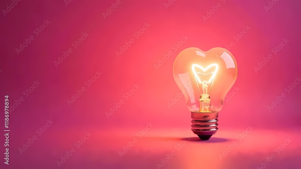 Heart-shaped glowing light bulb on a delicate pink background Heart-shaped glowing light bulb on a delicate pink background