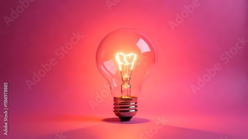 Heart-shaped glowing light bulb on a delicate pink background