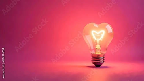 Heart-shaped glowing light bulb on a delicate pink background