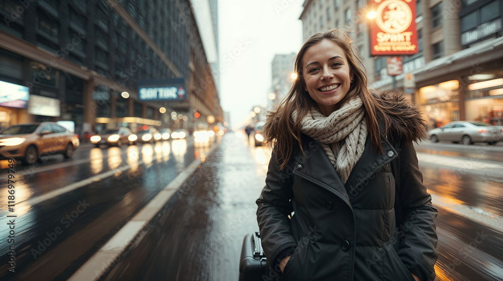Fototapeta premium A smiling woman walks on a city street, pulling luggage