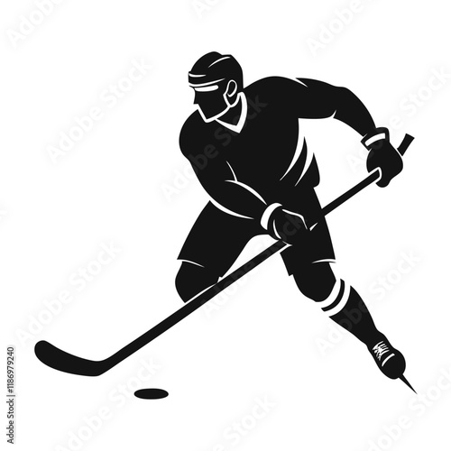 hockey player vector art, silhouette hockey player with hockey stick, hockey player running silhouette vector icon isolated on white background.