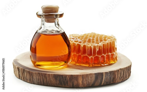 a bottle of honey next to honeycombs photo