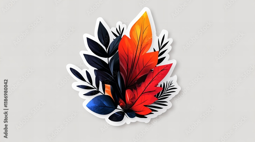 Fototapeta premium Vibrant autumn leaves in shades of orange, red, and black, arranged as a sticker. A colorful and stylish design.