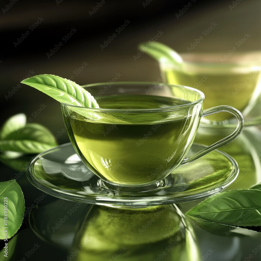 clear glass cup filled with green tea, garnished with fresh mint leaves, sits on reflective surface. soothing green color and natural elements create calming atmosphere clear glass cup filled with green tea, garnished with fresh mint leaves, sits on reflective surface. soothing green color and natural elements create calming atmosphere