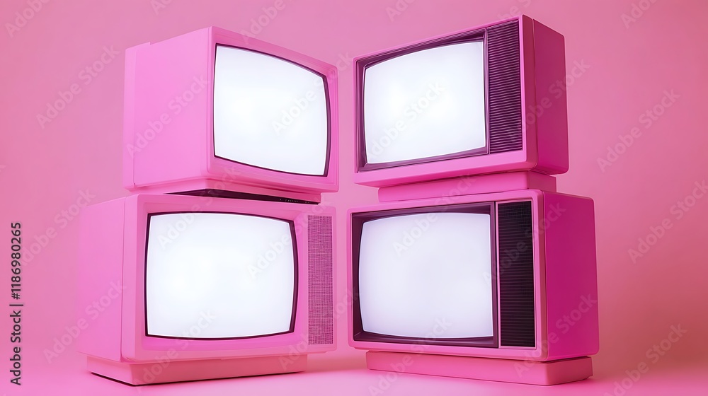 Four pink televisions stacked from the 90s mock up white screens white background 8k real photo Four pink televisions stacked from the 90s mock up white screens white background 8k real photo